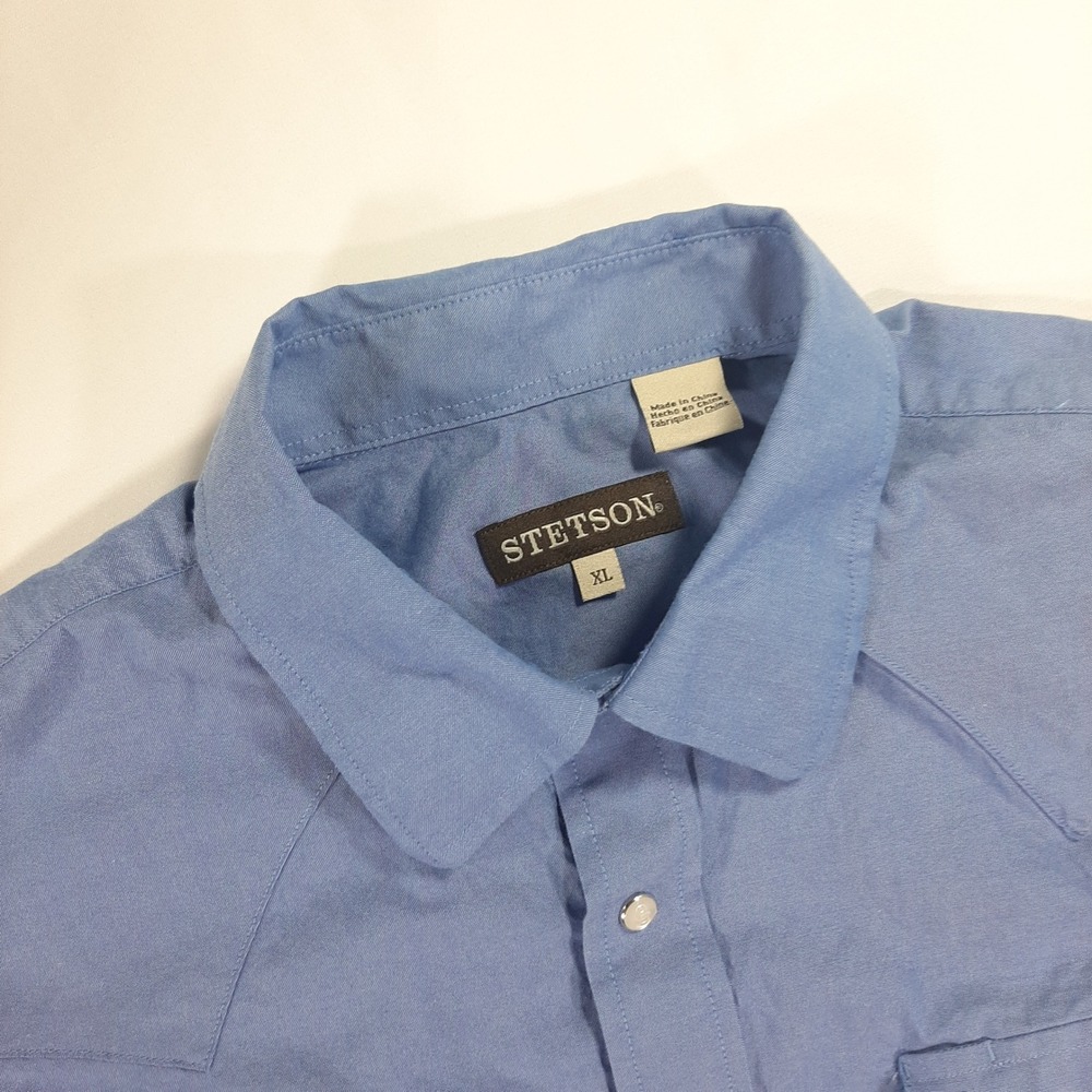 Stetson Mens XL Blue Western Long Sleeve‎ Pearl Snap Button Down Shirt Cowboy